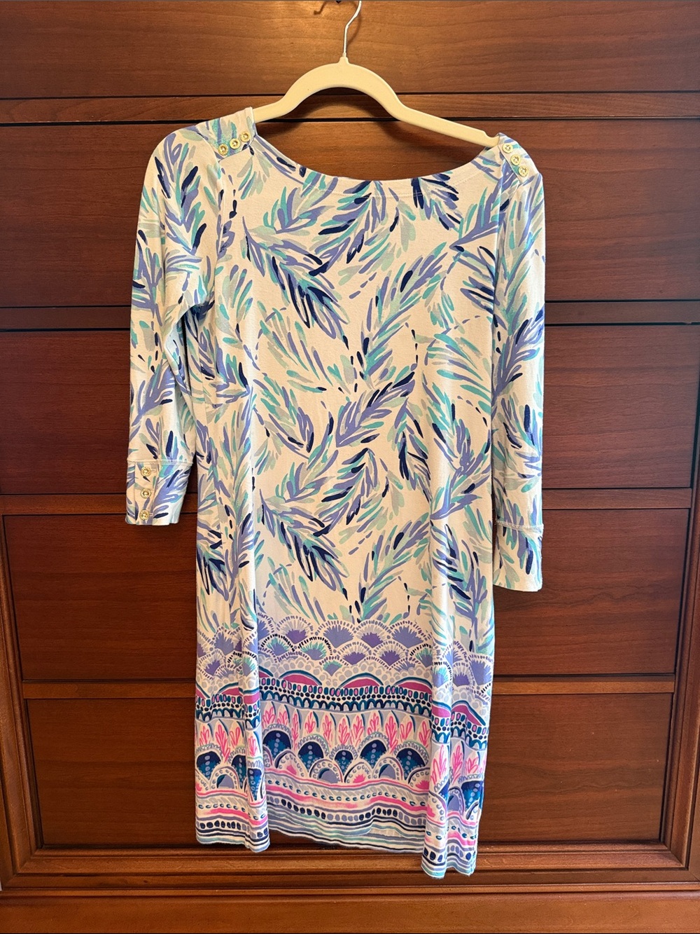 Lilly Pulitzer Cream Shift Dress with Blue & Mint Leaf Print